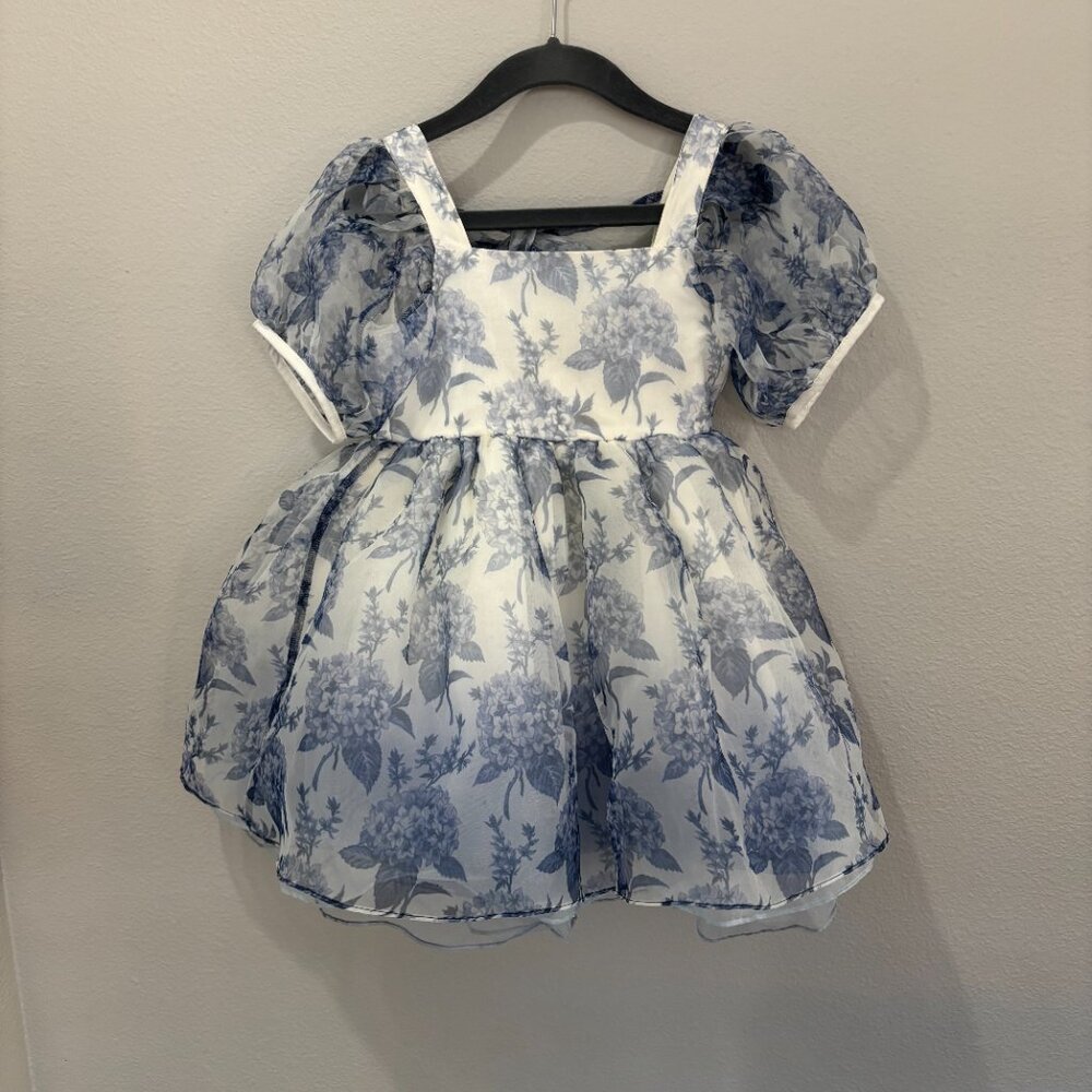 Pleiades white graduating to blue short sleeve dress, chiffon overlays